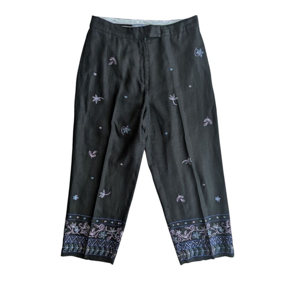 Vintage Carol Reed 100% Linen Floral‎ Embroidery Wide Leg Pants Women's Size 12